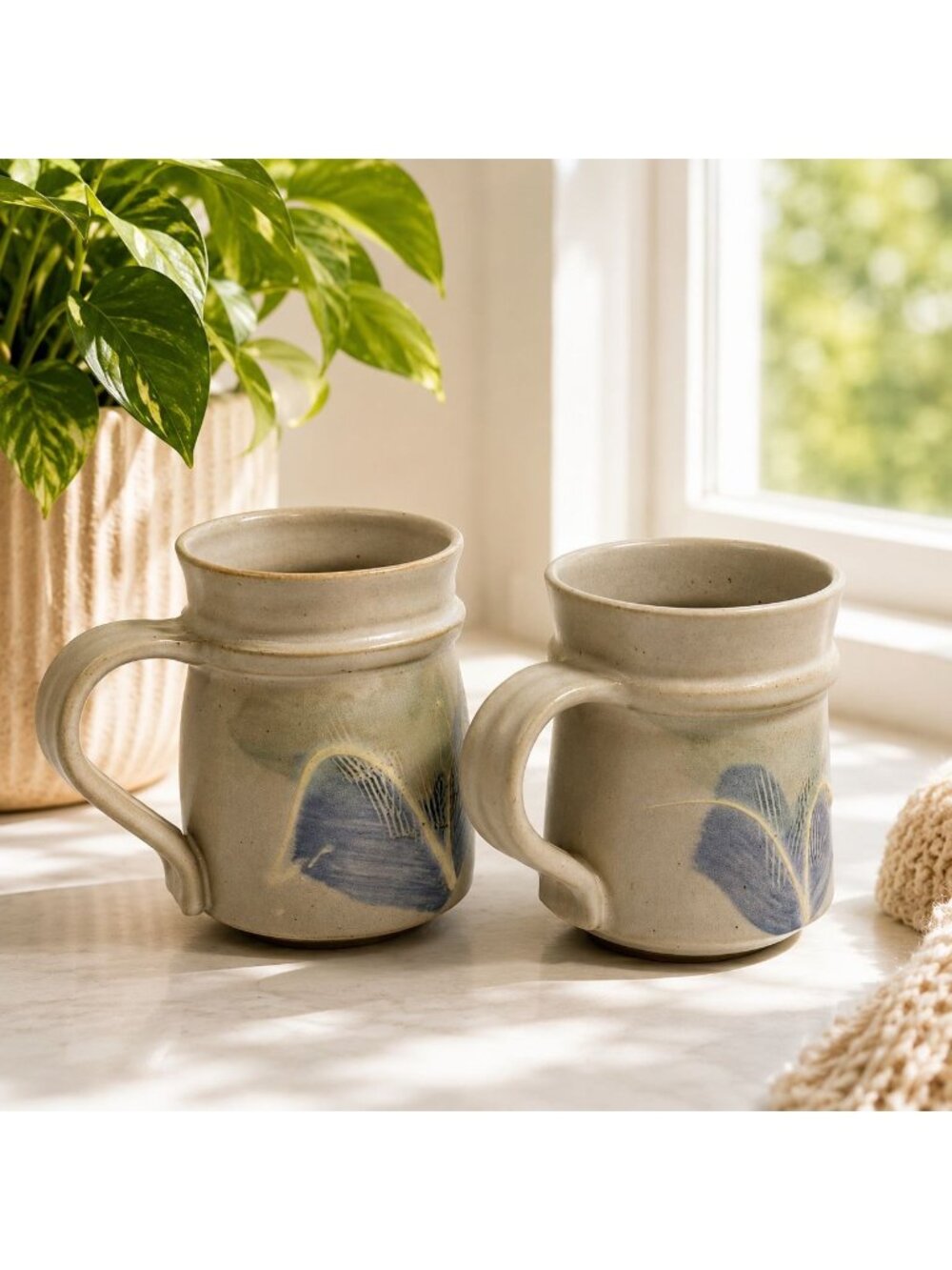 Handmade Stoneware Set of 2 Coffee Mugs With Blue Leaf Pattern 4" Tall Signed Er